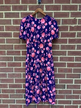 EUC Vince Camuto Navy Pink Floral Midi Dress Tie Back Puff Sleeve 8